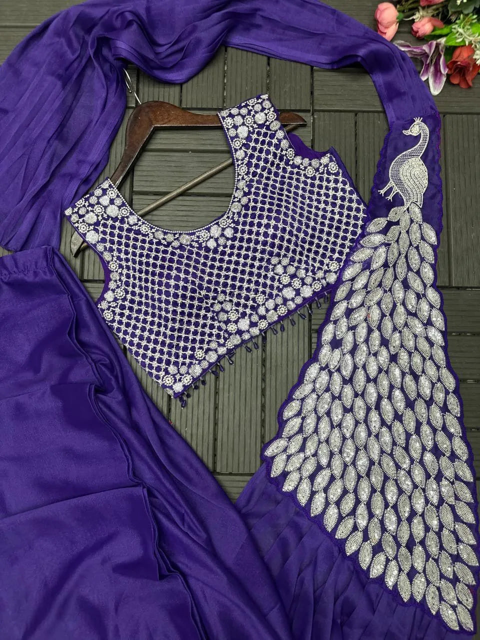 Trending Embroidery Sequence work Ready to Wear Saree Set with Embroidery Blouse