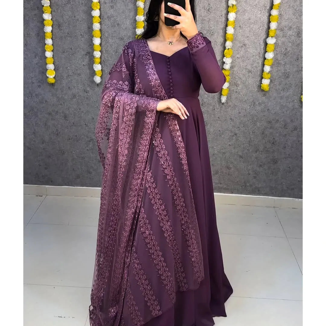 Premium Faux Georgette Gown With Embroidery Dupatta