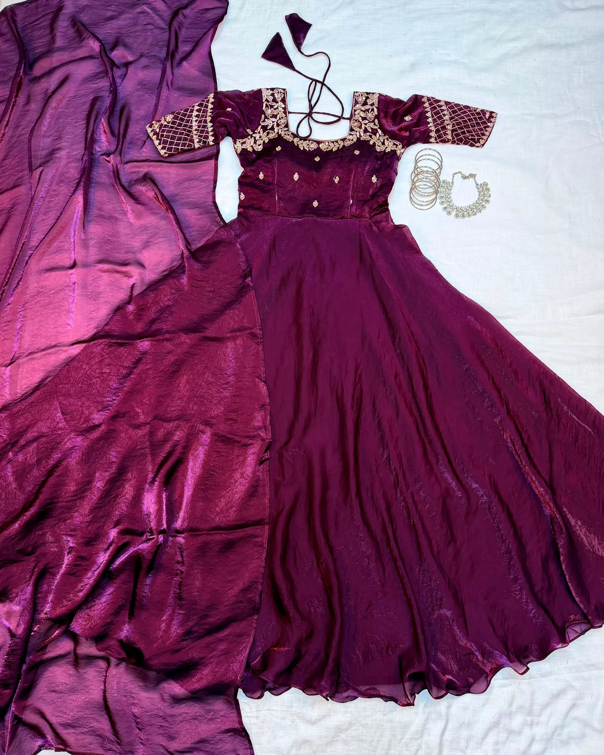 Luxurious Premium Fendy Satin Embroidery Work Gown With Dupatta