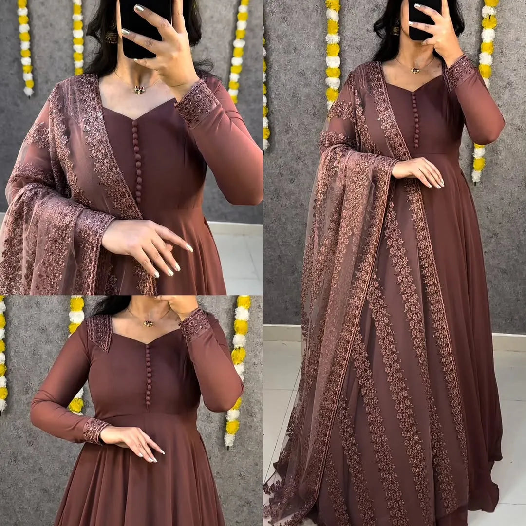 Premium Faux Georgette Gown With Embroidery Dupatta