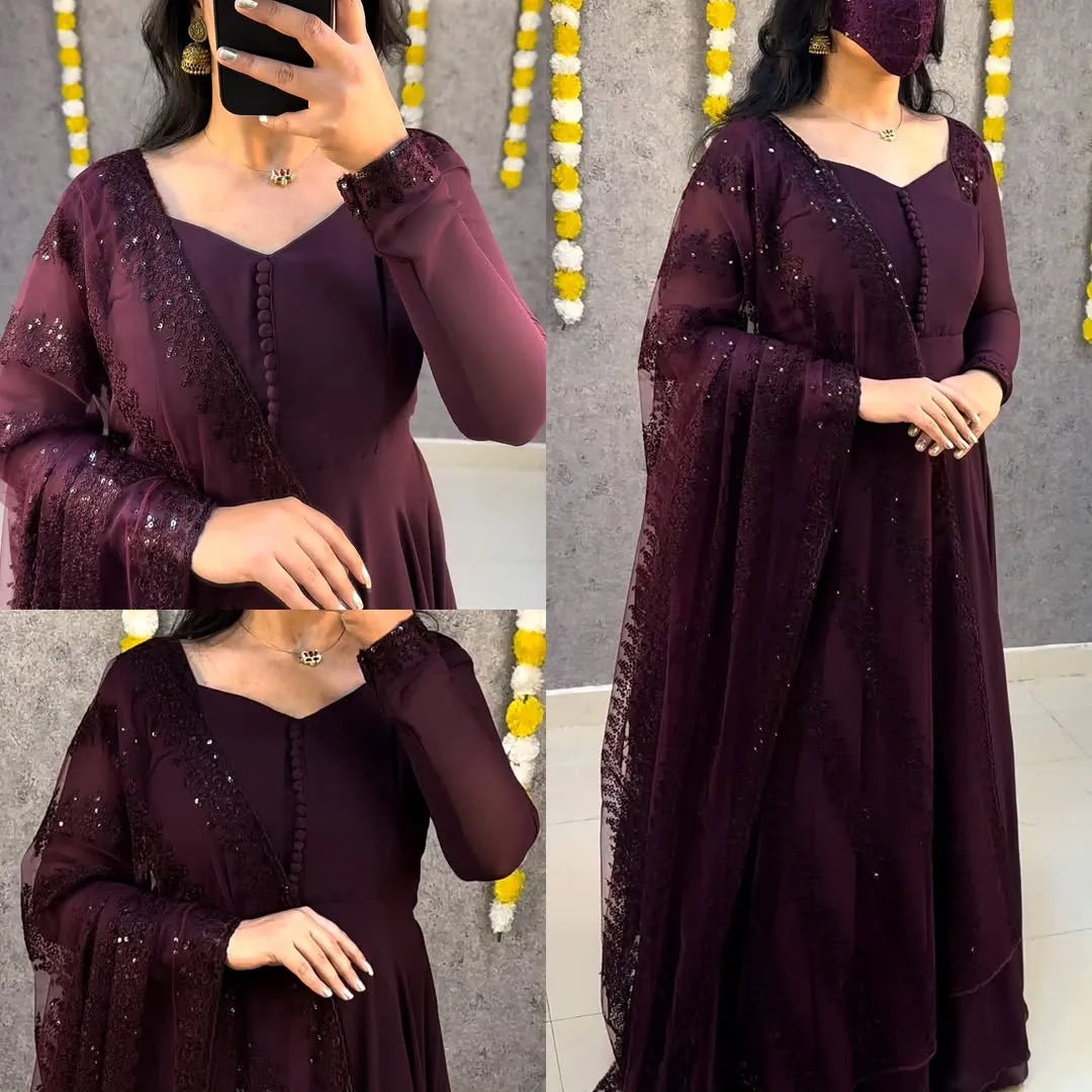 Premium Faux Georgette Gown With Embroidery Dupatta