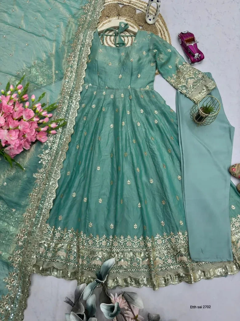 Designer Fendy Silk Embroidery Party Wear Gown Set