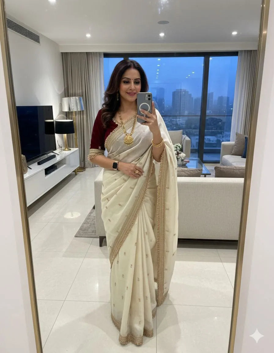 Insta Viral Space Silk Saree Multi Sequence Full Worked With Contrast Blouse