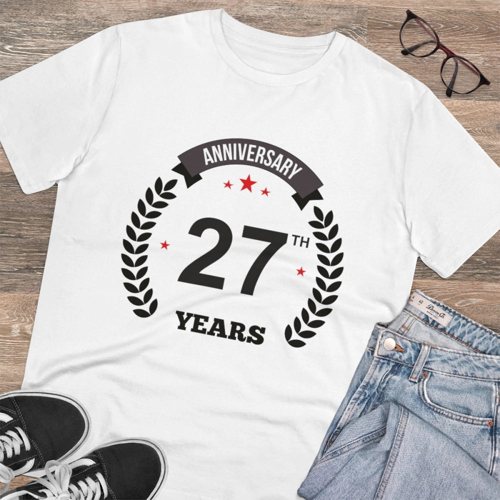 Men's PC Cotton 27th Anniversary Printed T Shirt (Color: White, Thread Count: 180GSM)