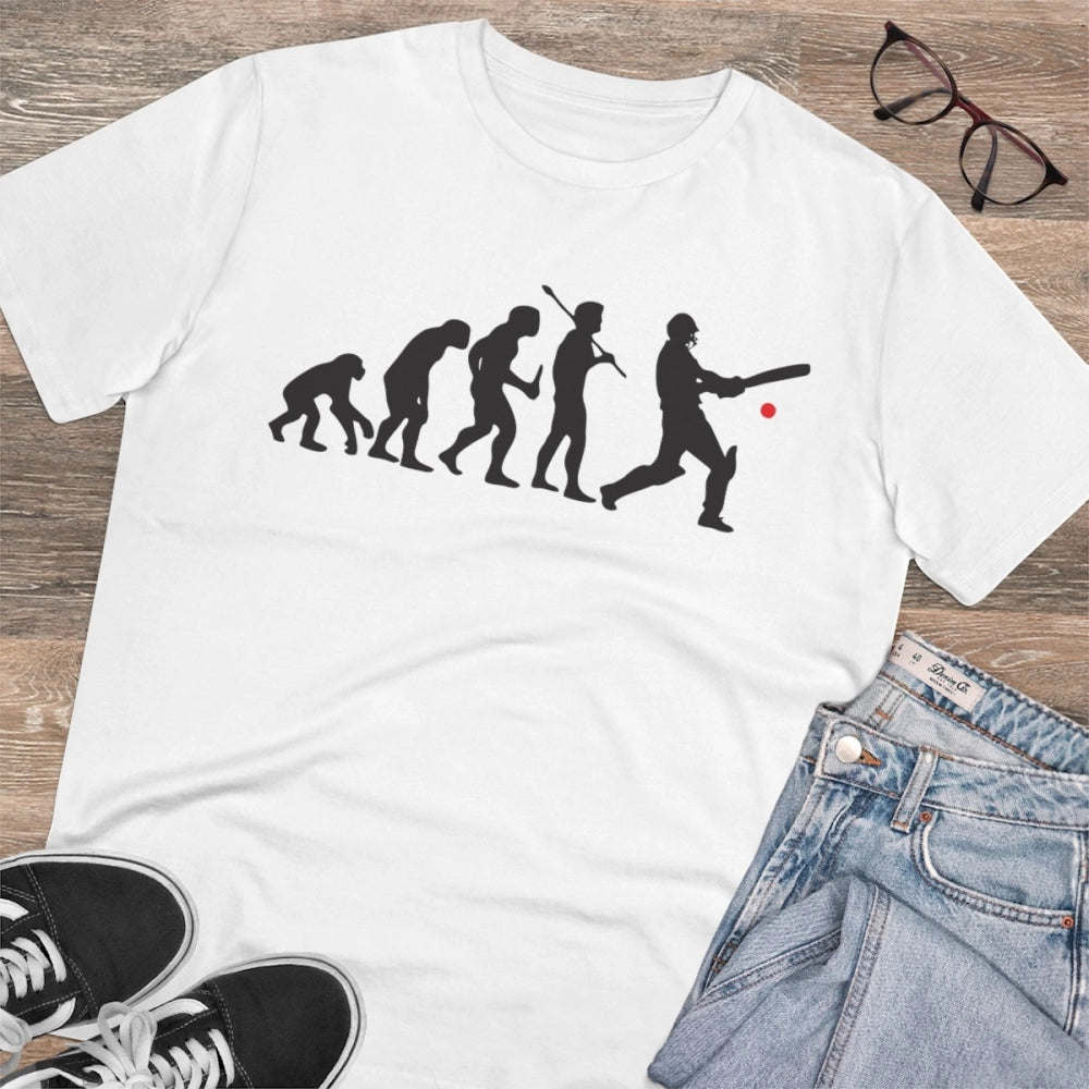 Men's PC Cotton Cricket Design Printed T Shirt (Color: White, Thread Count: 180GSM)