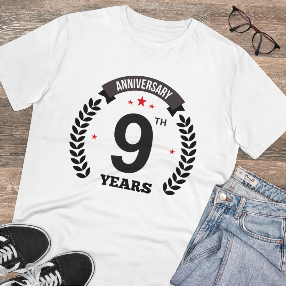 Men's PC Cotton 9th Anniversary Printed T Shirt (Color: White, Thread Count: 180GSM)