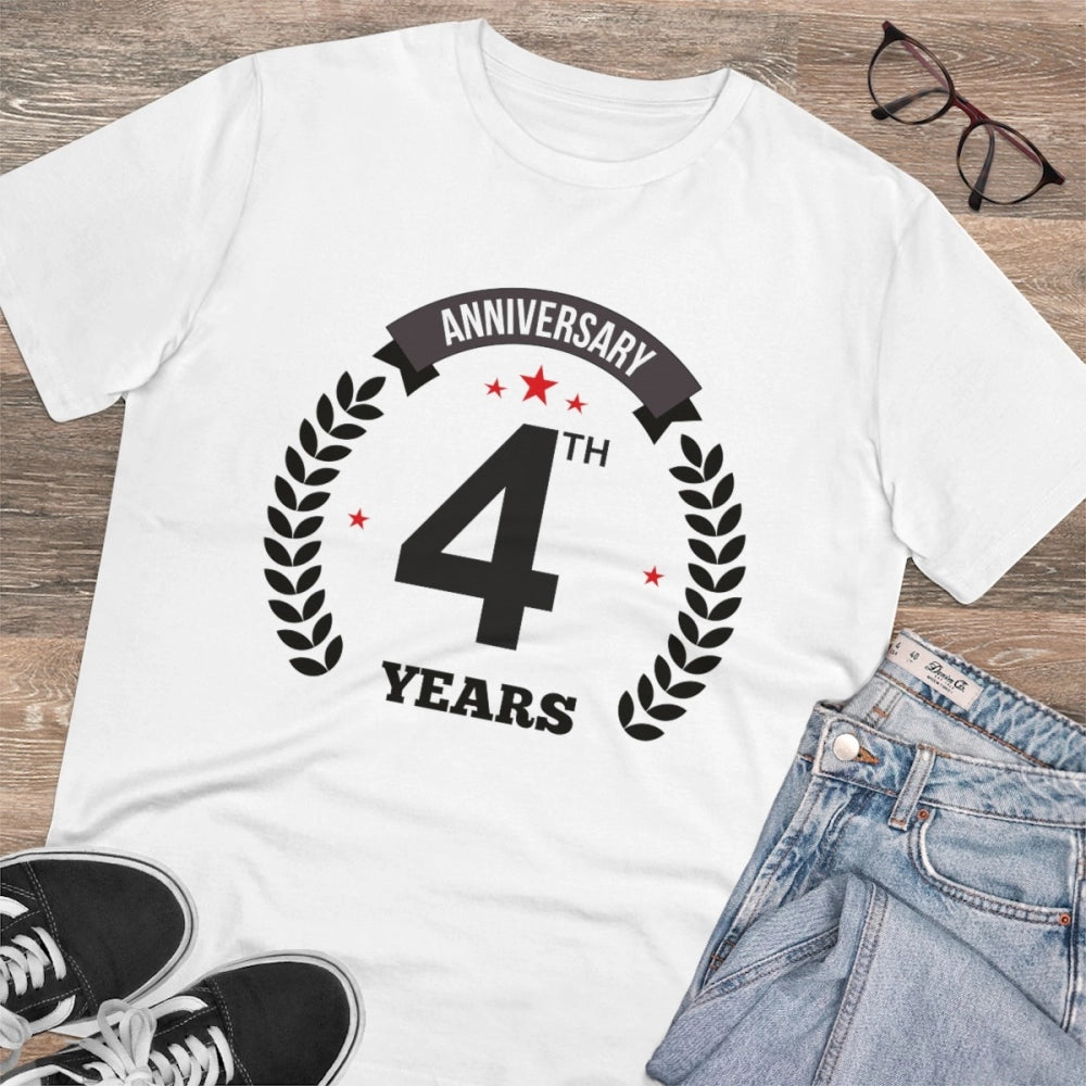 Men's PC Cotton 4th Anniversary Printed T Shirt (Color: White, Thread Count: 180GSM)
