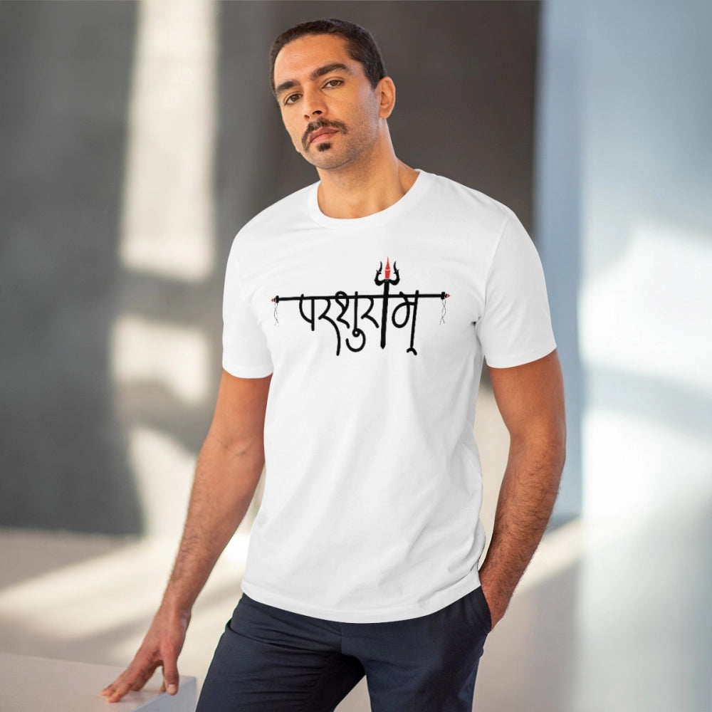 Men's PC Cotton Parsuram Printed T Shirt (Color: White, Thread Count: 180GSM)
