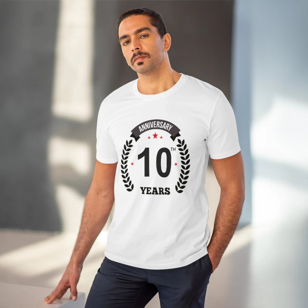 Men's PC Cotton 10th Anniversary Printed T Shirt (Color: White, Thread Count: 180GSM)
