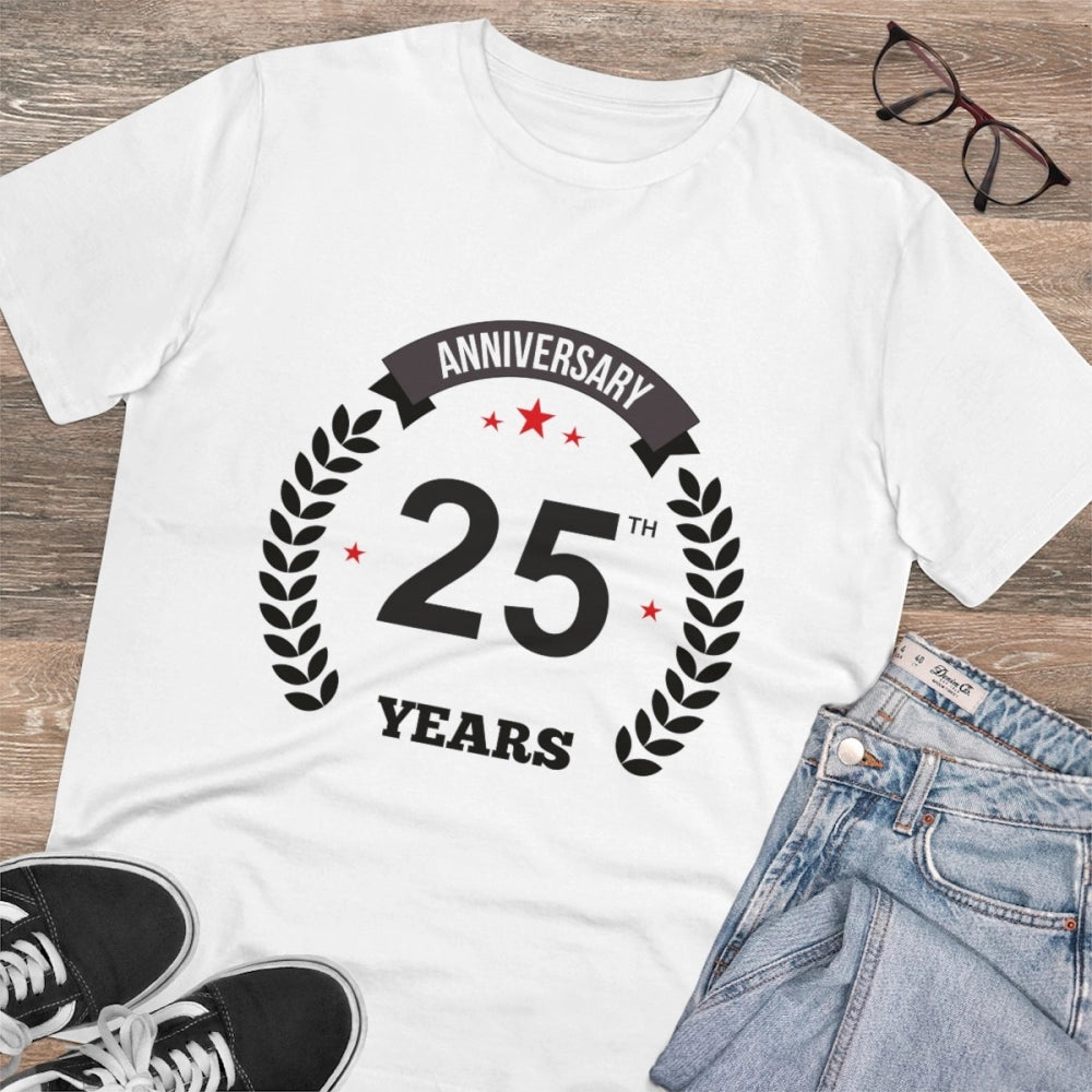Men's PC Cotton 25th Anniversary Printed T Shirt (Color: White, Thread Count: 180GSM)