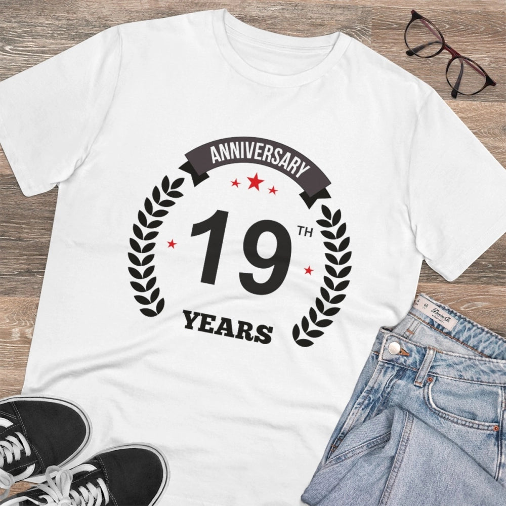 Men's PC Cotton 19th Anniversary Printed T Shirt (Color: White, Thread Count: 180GSM)