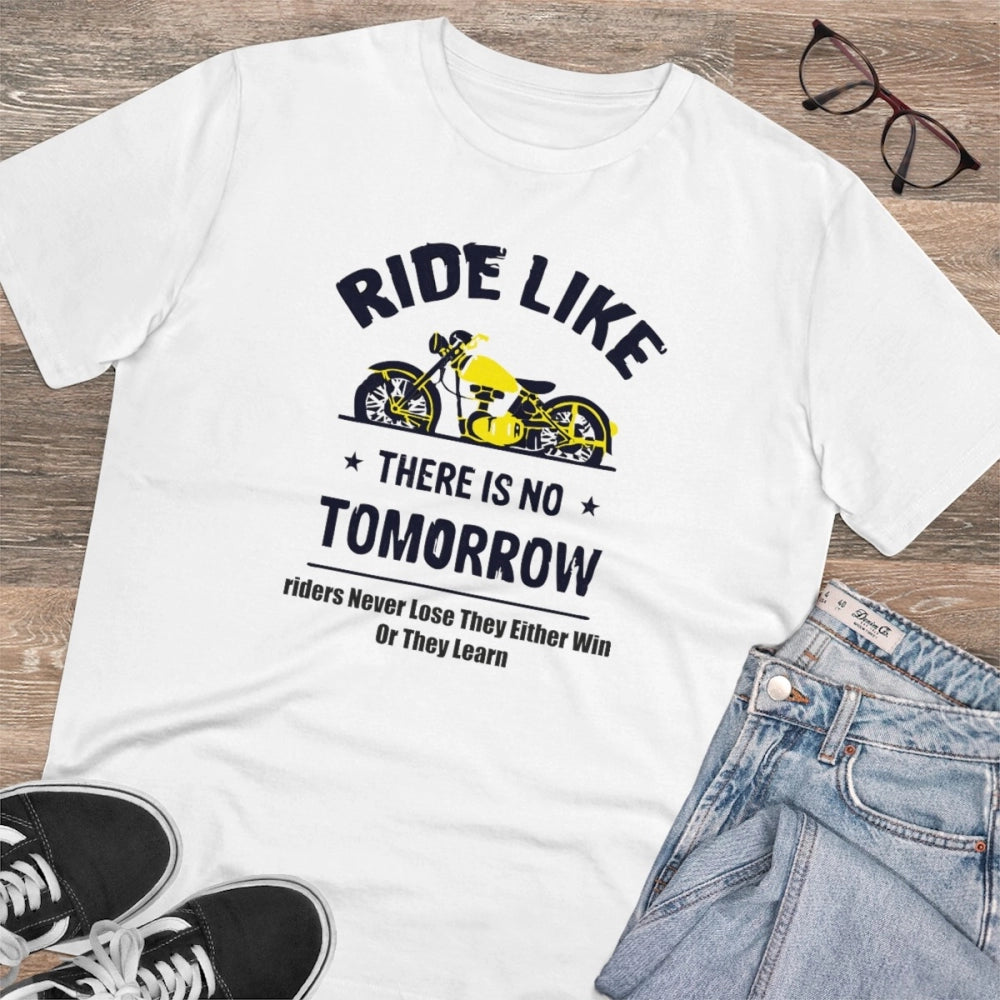 Men's PC Cotton Bike Ride Design Printed T Shirt (Color: White, Thread Count: 180GSM)