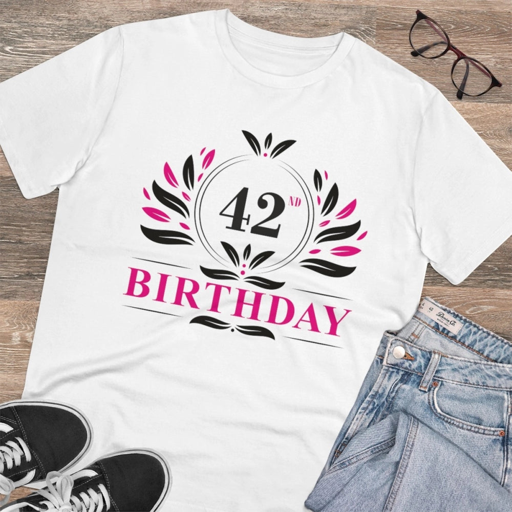 Men's PC Cotton 42nd Birthday Printed T Shirt (Color: White, Thread Count: 180GSM)