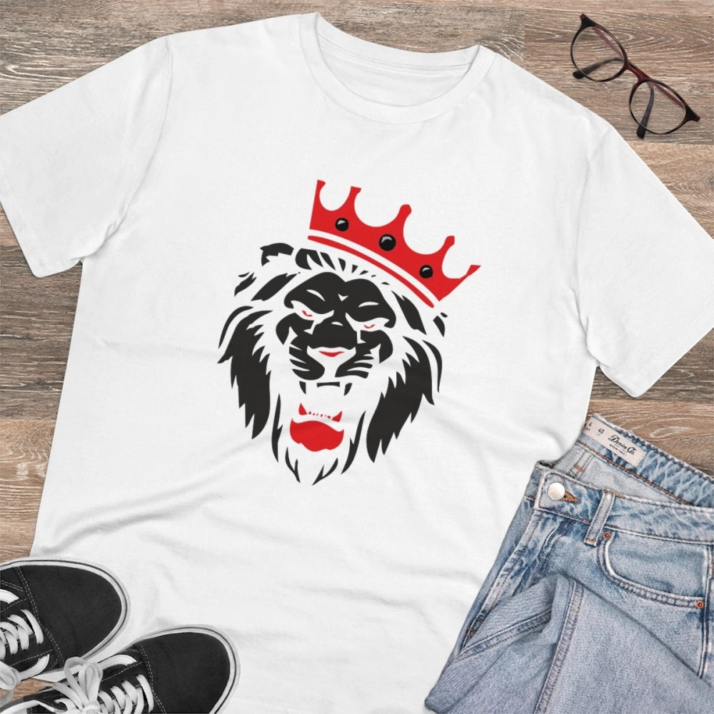 Men's PC Cotton Lion Logo Printed T Shirt (Color: White, Thread Count: 180GSM)