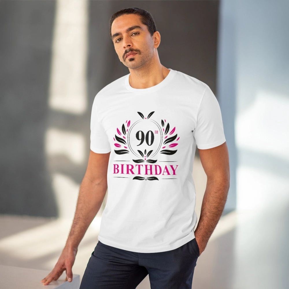 Men's PC Cotton 90th Birthday Printed T Shirt (Color: White, Thread Count: 180GSM)