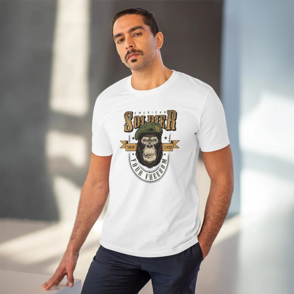 Men's PC Cotton Gorila Desing Printed T Shirt (Color: White, Thread Count: 180GSM)
