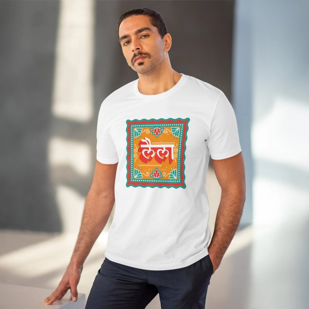 Men's PC Cotton Laila Printed T Shirt (Color: White, Thread Count: 180GSM)