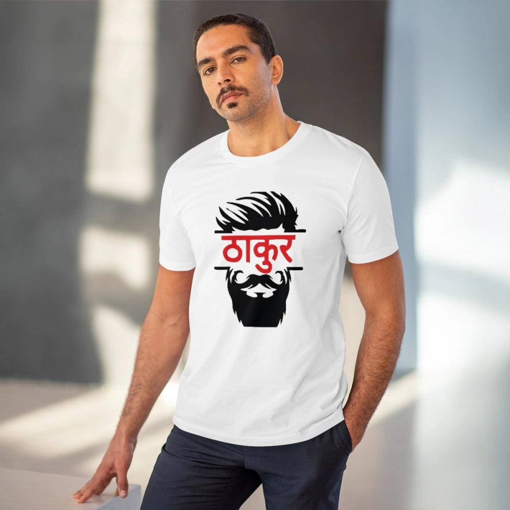 Men's PC Cotton Thakur Printed T Shirt (Color: White, Thread Count: 180GSM)