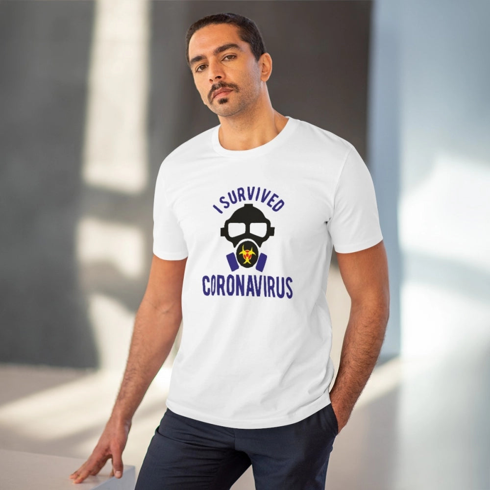 Men's PC Cotton I Survived Coronavirus Printed T Shirt (Color: White, Thread Count: 180GSM)