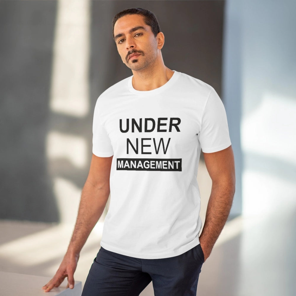 Men's PC Cotton Under New Management Desing Printed T Shirt (Color: White, Thread Count: 180GSM)