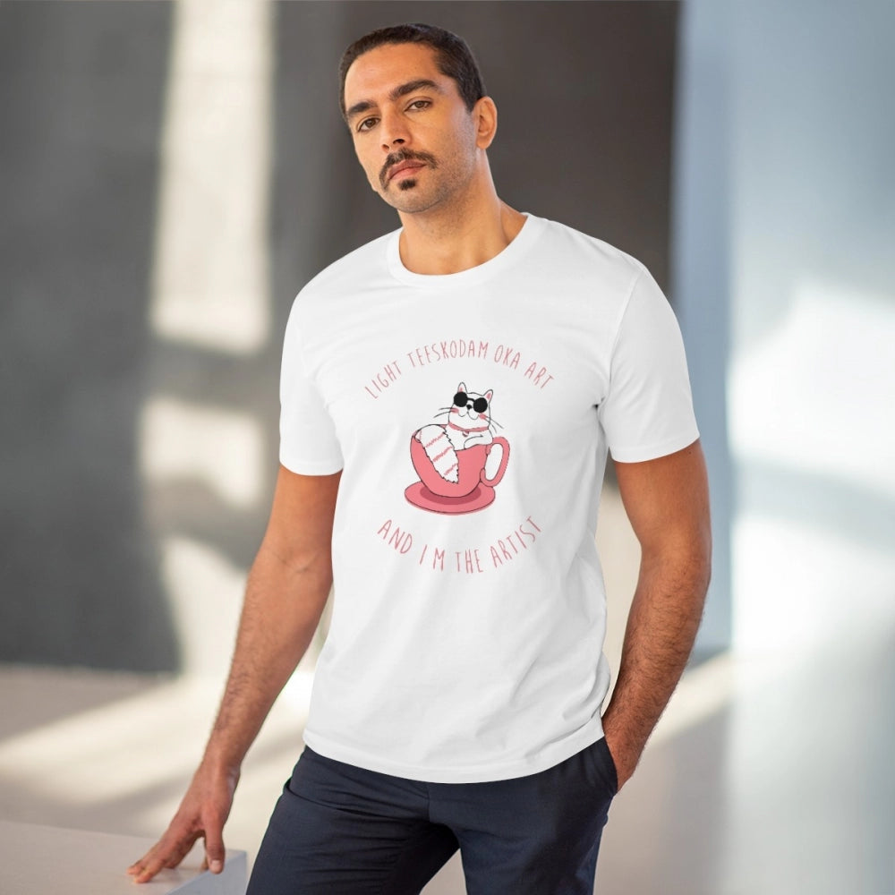 Men's PC Cotton Telugu Desing Printed T Shirt (Color: White, Thread Count: 180GSM)