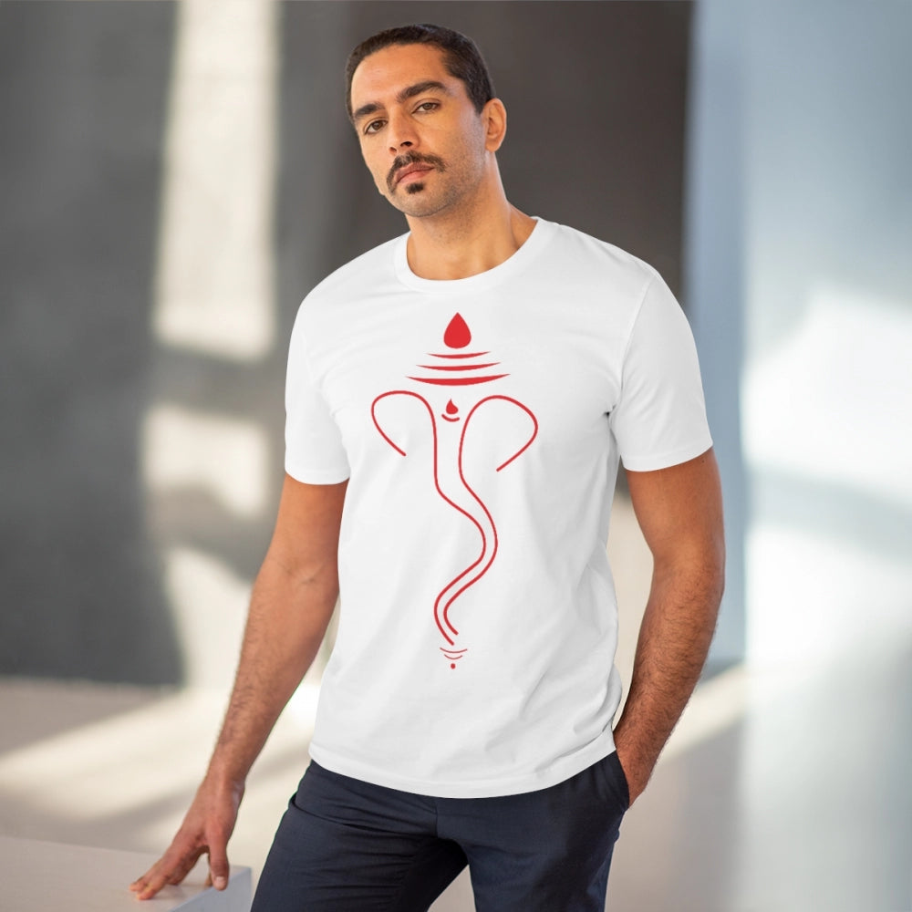 Men's PC Cotton Ganesh Printed T Shirt (Color: White, Thread Count: 180GSM)