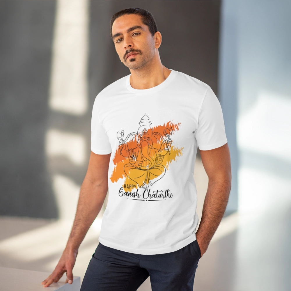 Men's PC Cotton Ganesh Printed T Shirt (Color: White, Thread Count: 180GSM)