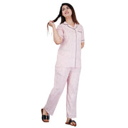 Women's Casual Half Sleeve Printed Viscose Rayon Shirt With Pyjama Pant Night Suit Set (Pink)