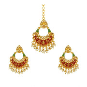 Women's Rose Gold Plated Alloy Kundan Earrings &amp; Mangtikka (Red &amp; Green)