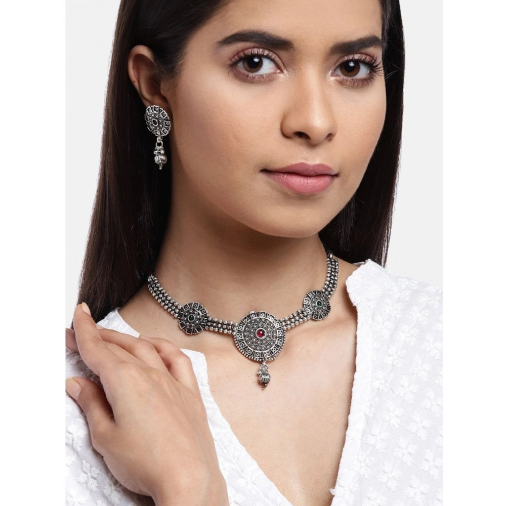 Women's Rose Gold Plated Alloy Necklace &amp; Earings Set (Silver)