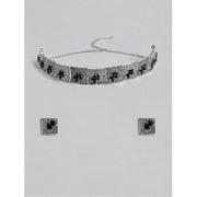 Women's Rose Gold Plated Alloy Necklace &amp; Earings Set (Silver &amp; Black)