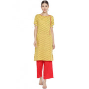 Women's Casual Short Sleeves Floral Printed Cotton &amp; Rayon Kurti Palazzo Set (Yellow &amp; Red)