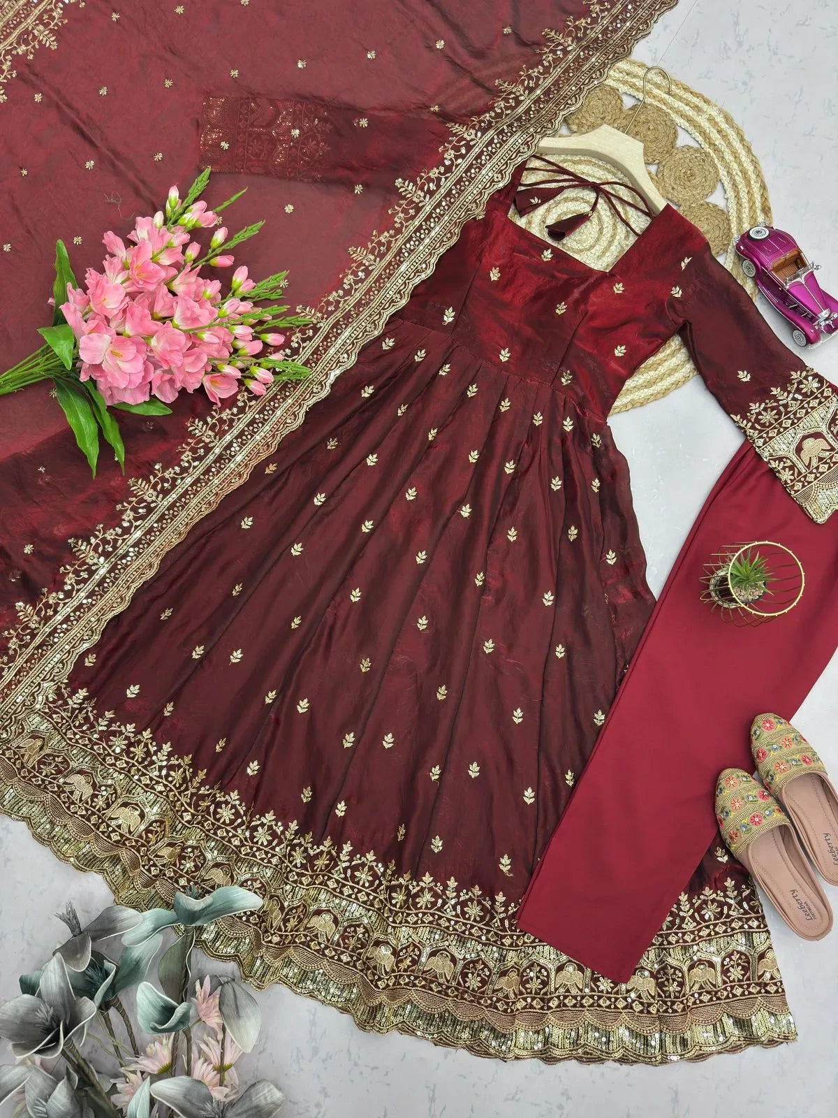 Designer Fendy Silk Embroidery Party Wear Gown Set