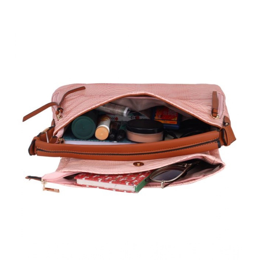 Women's Faux Leather Textured Sling Bag (Pink)