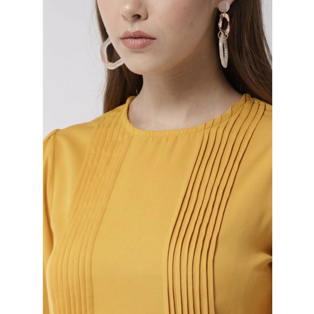 Women's Polyester Pintuck Long Sleeves Below Knee Dress (Yellow)