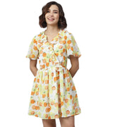 Women's Polyester Printed Flutter Above Knee Dress (Yellow - Orange)