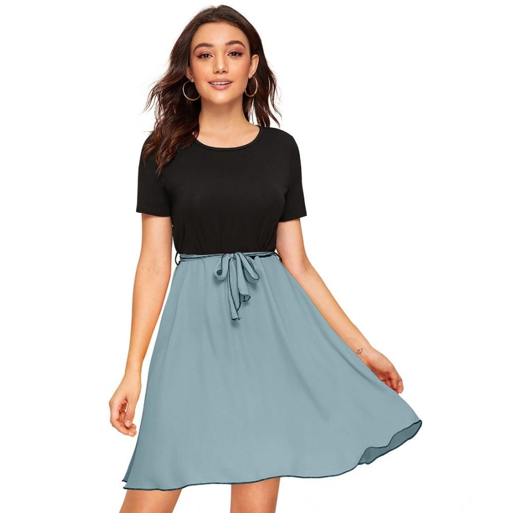 Women's Knitting stretchable Solid Round Neck Cap Sleeve Dress (Pista)