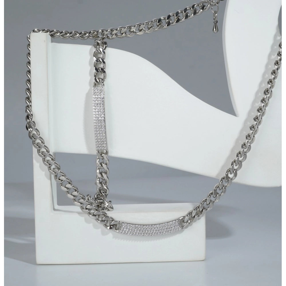 Women's Stainless Steel Silver Polish Hand Bracelet And Necklace (Silver Plated)