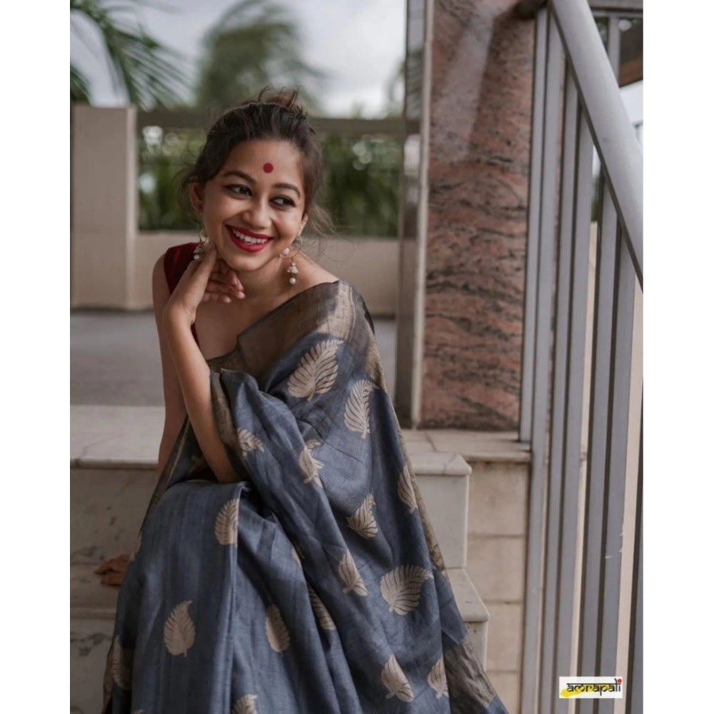 Women's Silk Printed Saree With Unstitched Blouse 5.5Mtr (Grey)