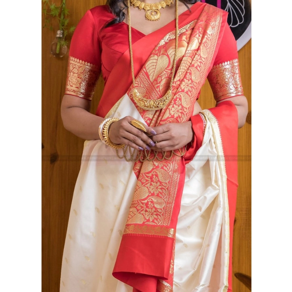 Women's Silk Printed Saree With Unstitched Blouse 5.5Mtr (White-Red)