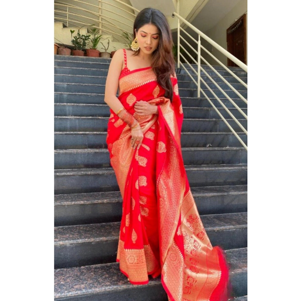 Women's Silk Printed Saree With Unstitched Blouse 5.5Mtr (Red)
