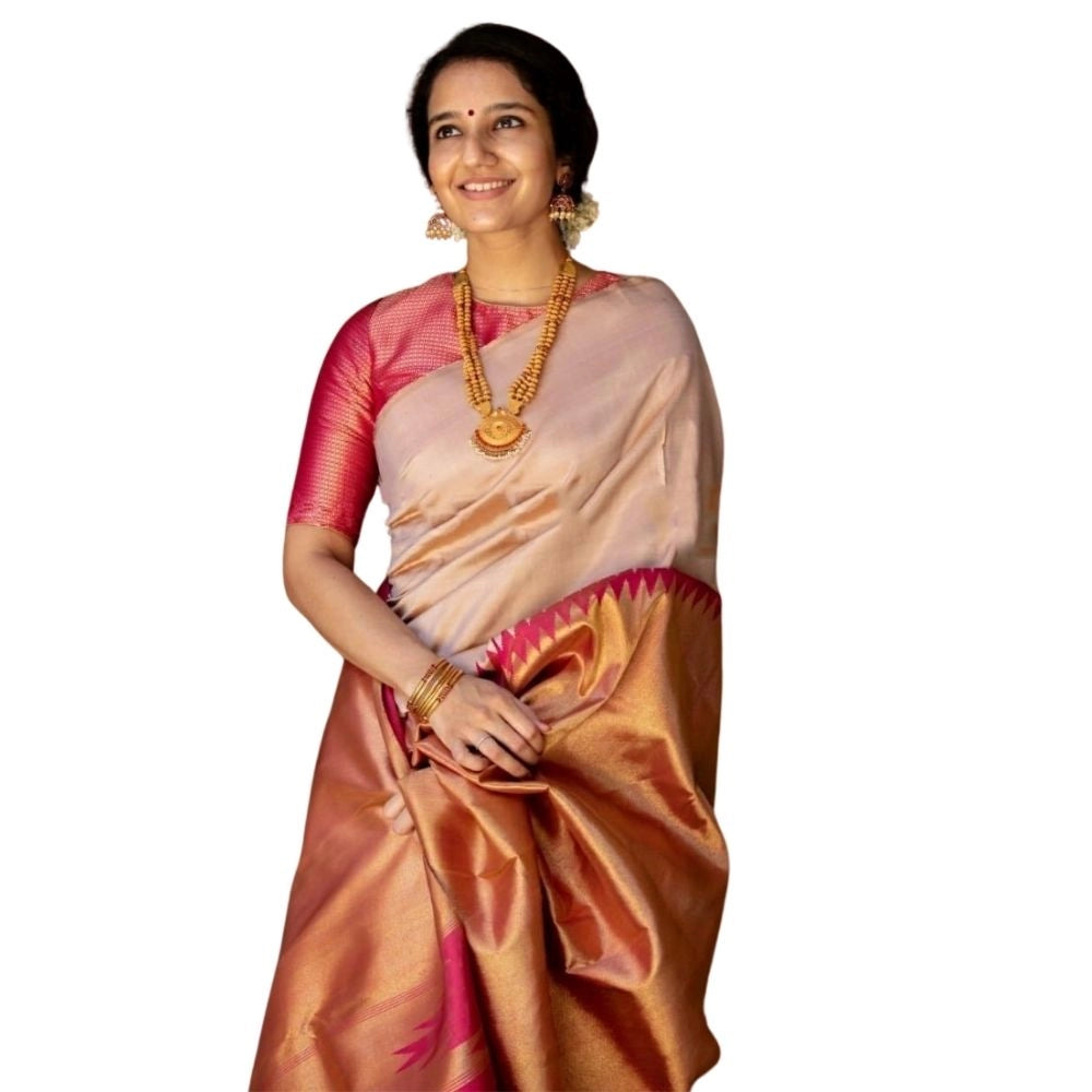 Women's Silk Printed Saree With Unstitched Blouse 5.5Mtr (Cream)