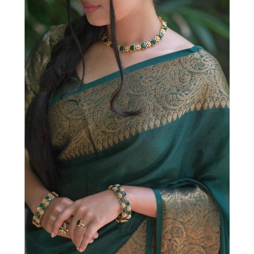 Women's Soft Lichi Silk Solid Saree With Unstitched Blouse 5.5Mtr (Green)