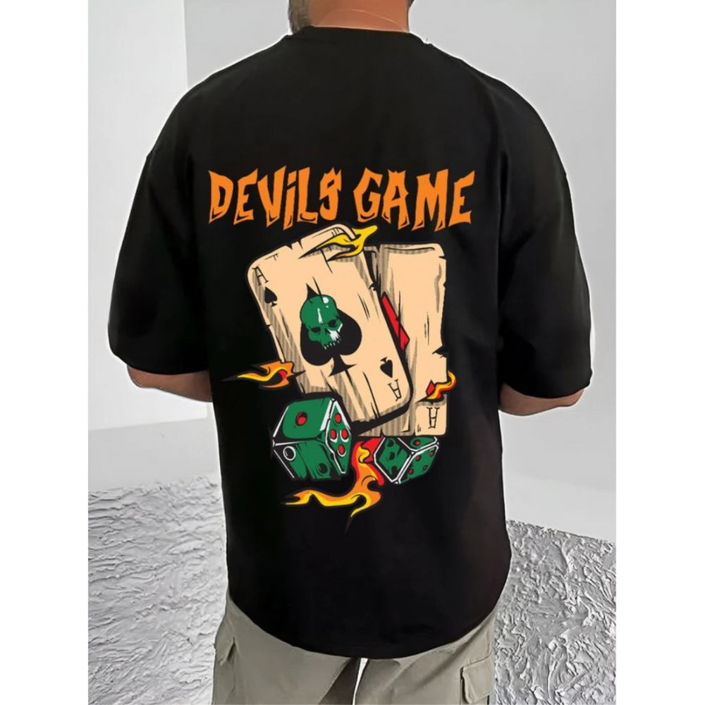 Men's Casual Cotton Blend Printed Round Neck Half Sleeve T-Shirt (Black)