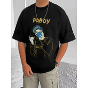 Men's Casual Cotton Blend Printed Round Neck Half Sleeve T-Shirt (Black)