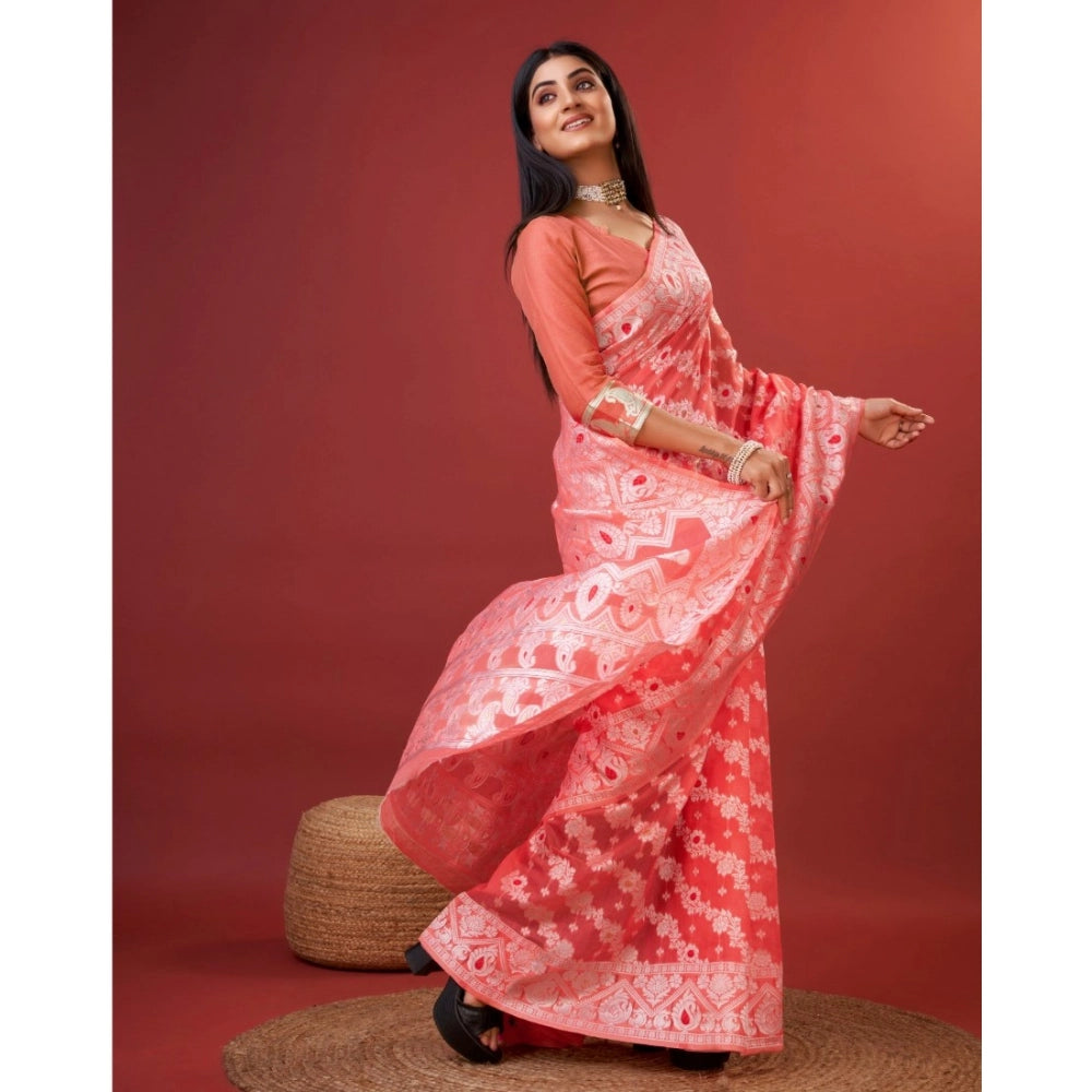 Women's Cotton Silk Printed Saree With Unstitched Blouse 5.5Mtr (Peach)