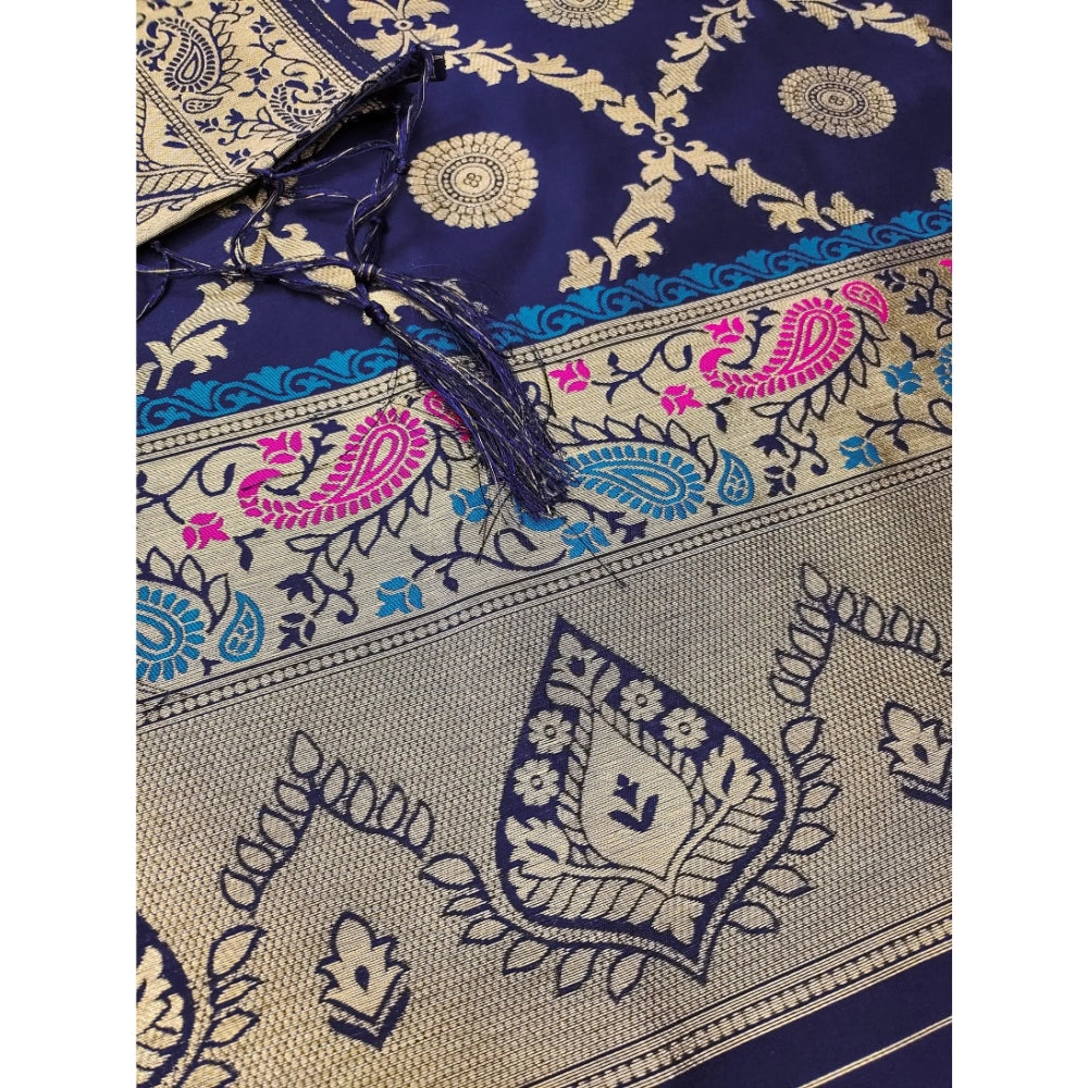 Women's Banarasi Silk Printed Unstitched Salwar Suit Material With Dupatta (Navy Blue, 3Mtrs)