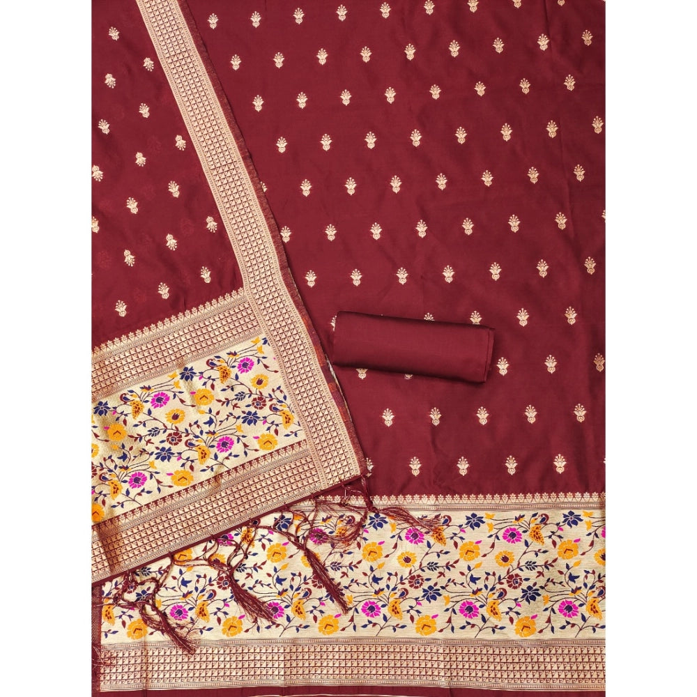 Women's Banarasi Silk Printed Unstitched Salwar Suit Material With Dupatta (Maroon, 3Mtrs)