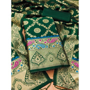 Women's Banarasi Silk Printed Unstitched Salwar Suit Material With Dupatta (Bottle Green, 3Mtrs)