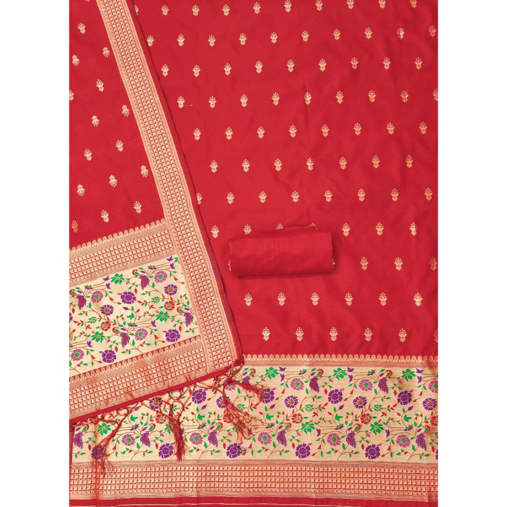 Women's Banarasi Silk Printed Unstitched Salwar Suit Material With Dupatta (Red, 3Mtrs)